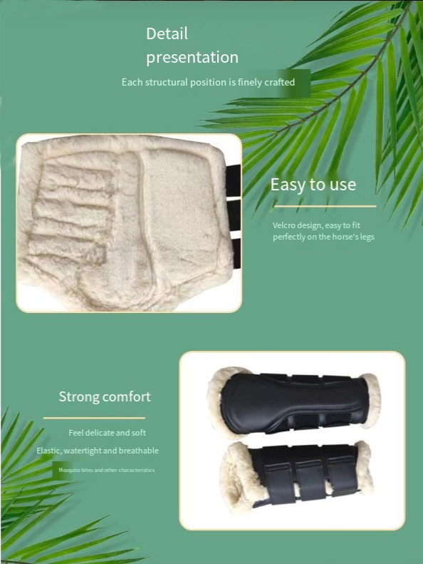 Adjustable Horse Leg Boots Fleeced Leather Equine Guards Mosquito Repellent Wraps Reduced Abrasion Equestrian Gear - Black